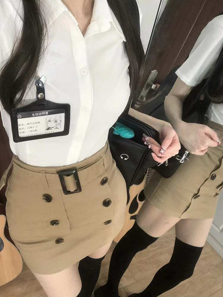 2024 Summer New Spice Girls Pure Want JK Waisted White Shirt Women's Design Sense Button Half-length Hip Skirt Set