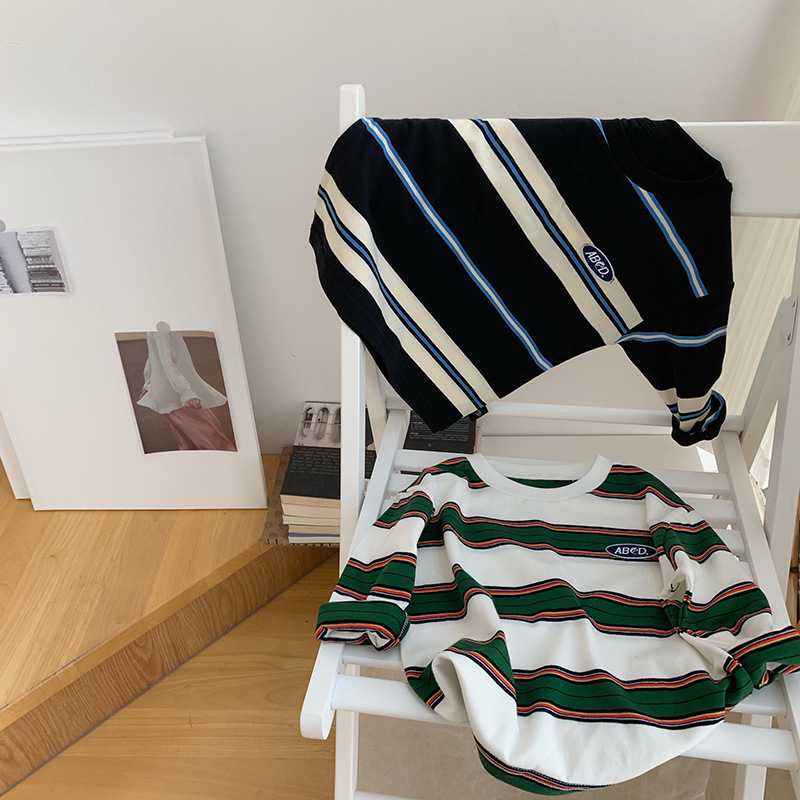 Стильная полосатая футболка для мальчиков, длинный рукав, свободная повседневная футболка