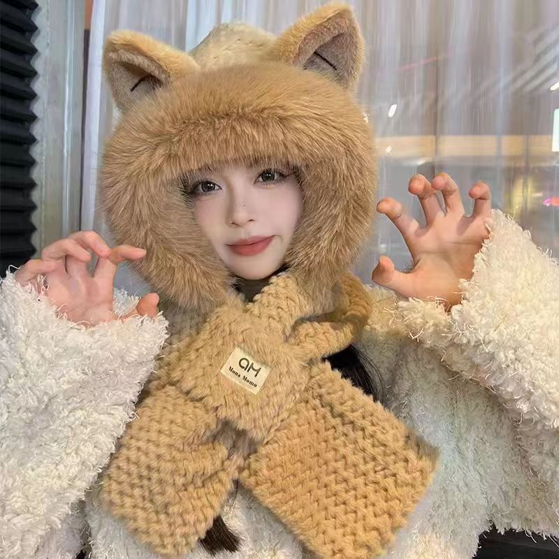 Fox Ears Hat Scarf One-piece Hat Scarf Two-piece Set Cute Fluffy Hat Scarf Two-piece Set