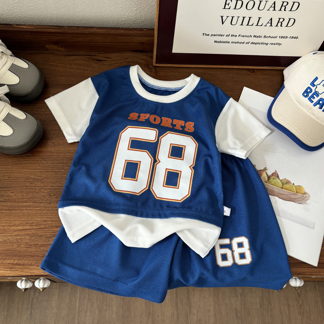 Summer Children's Short-sleeved Shorts suit Boys Casual Sports suit Boys Loose Jersey Fake Two-piece Set