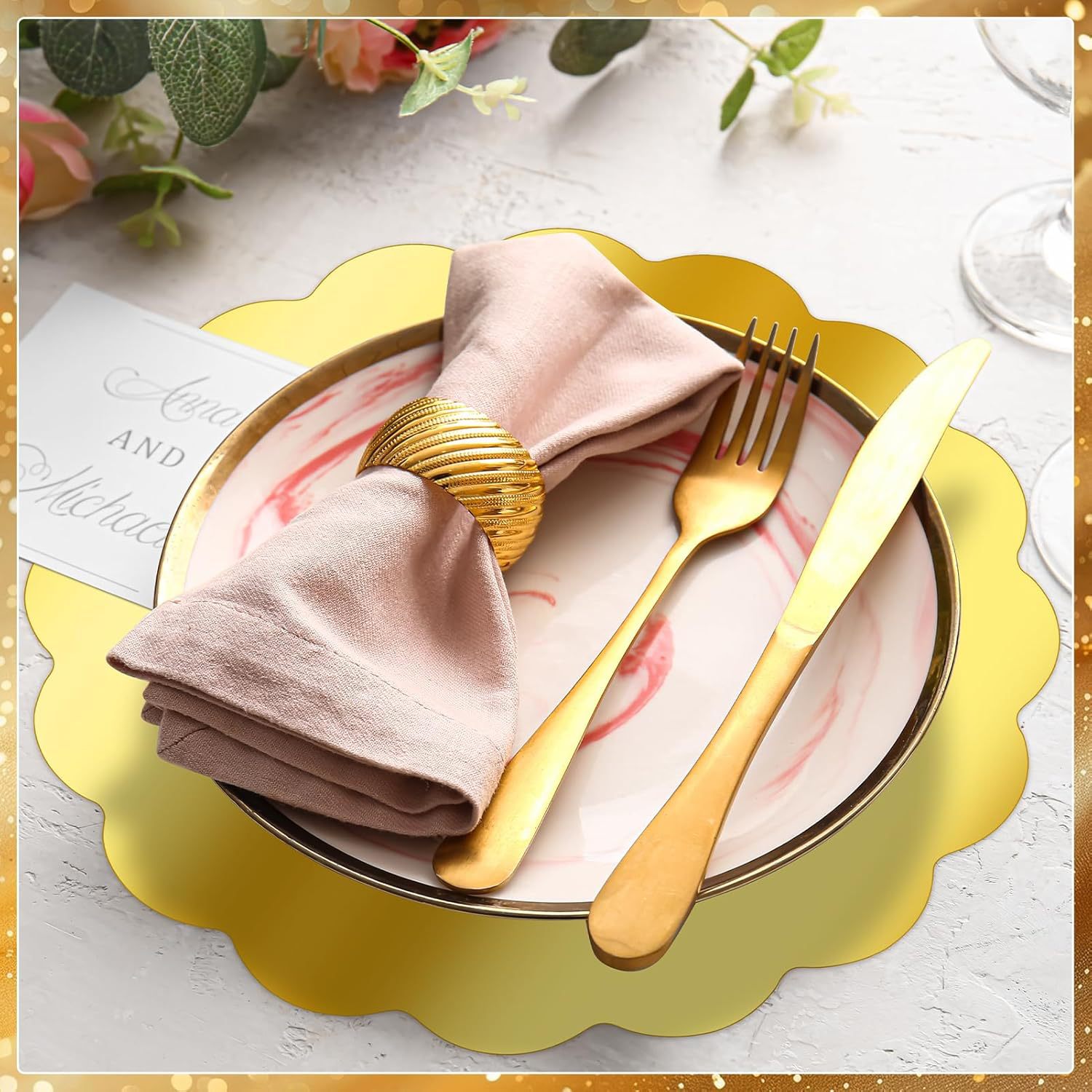 Cross-Border Amazon Golden Flower Paper Placemats Suitable for Birthday Table Settings, Wedding Banquets, Dinner Parties