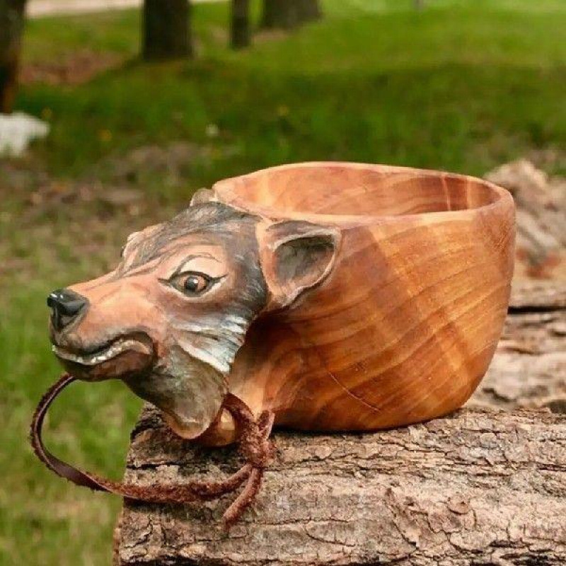 Natural Water Beer Mug Handmade Wood Carved Fox Animal Head