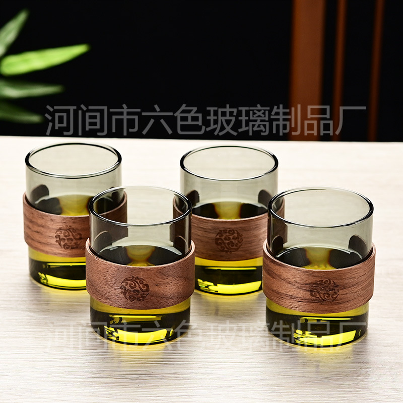 Walnut Wood Chinese-Style Glass Tea Cup, Personal Use Master Cup, High-Temperature Resistant Glass Cup, Tea Tasting Cup, Anti-Scalding Tea Cup