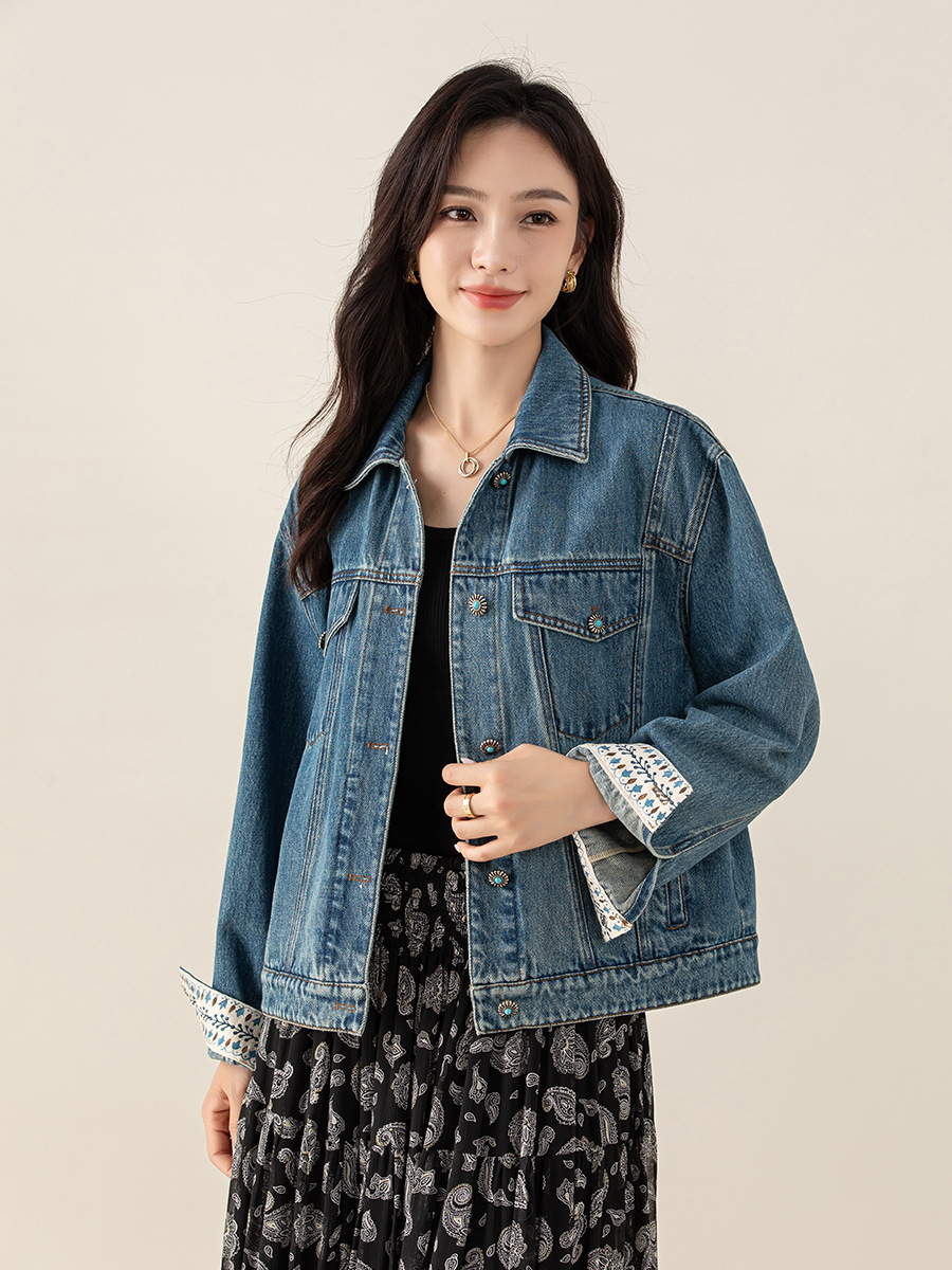 Джинсовая куртка Xinge Autum Retro с принтом для женщин, синяя, с отворотами, новая