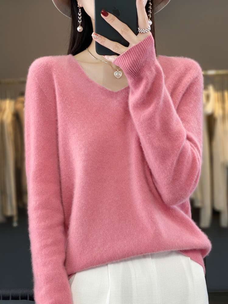 Autumn and Winter First-Line Seamless 100 Wool Sweater Women's V-Neck Loose Cashmere Base Sweater Knitted Sweater Women's Inner Top