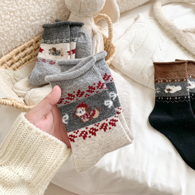 Fair Isle Cartoon Seamless Wool Socks for Women, Autumn and Winter Thickened Warm Flocked Japanese Retro Puppy Slouch Socks for Women