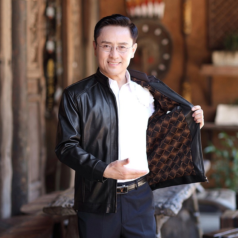 Gold velvet leather coat men's coat middle-aged and elderly good leather stand collar fleece-lined jacket dad winter coat export exclusive