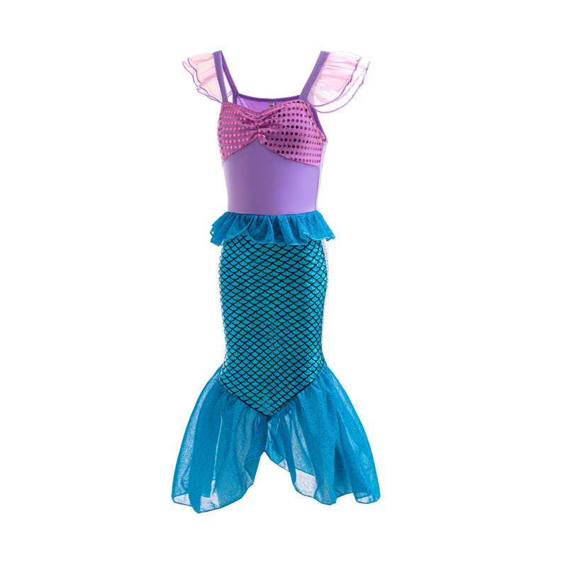 Girls' Mermaid Small Flying Sleeve Sequin dress Children's Baby's Western Style Sleeveless Princess Dress Baby's Fish Tail Long Dress
