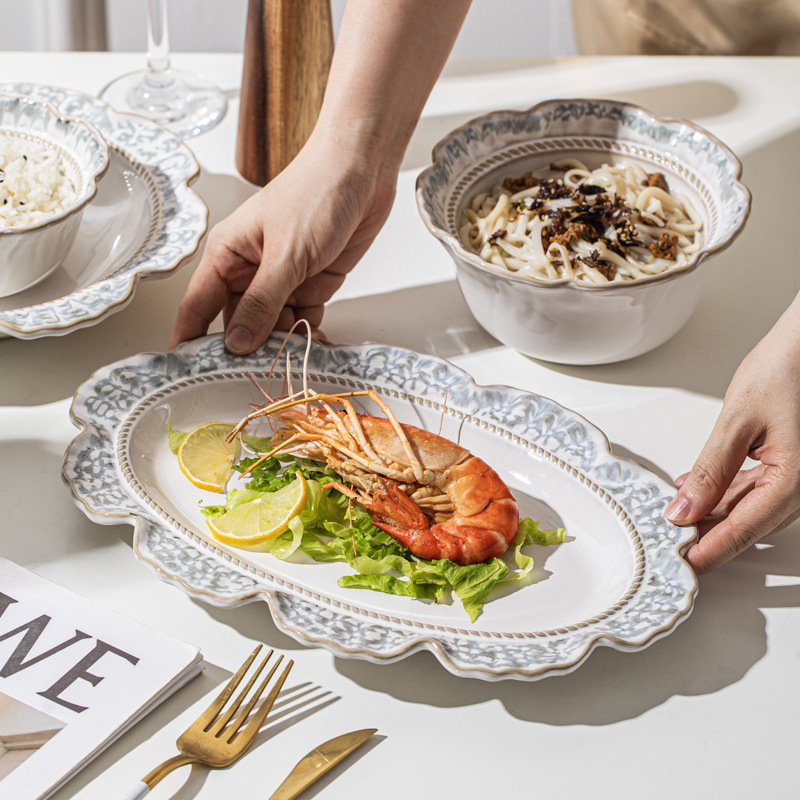 Qingshan Blue Manufacturer Wholesale Ceramic Tableware Set Retro Lace Household Kiln-Turned Underglaze Color Cups and Saucers Rice Bowls