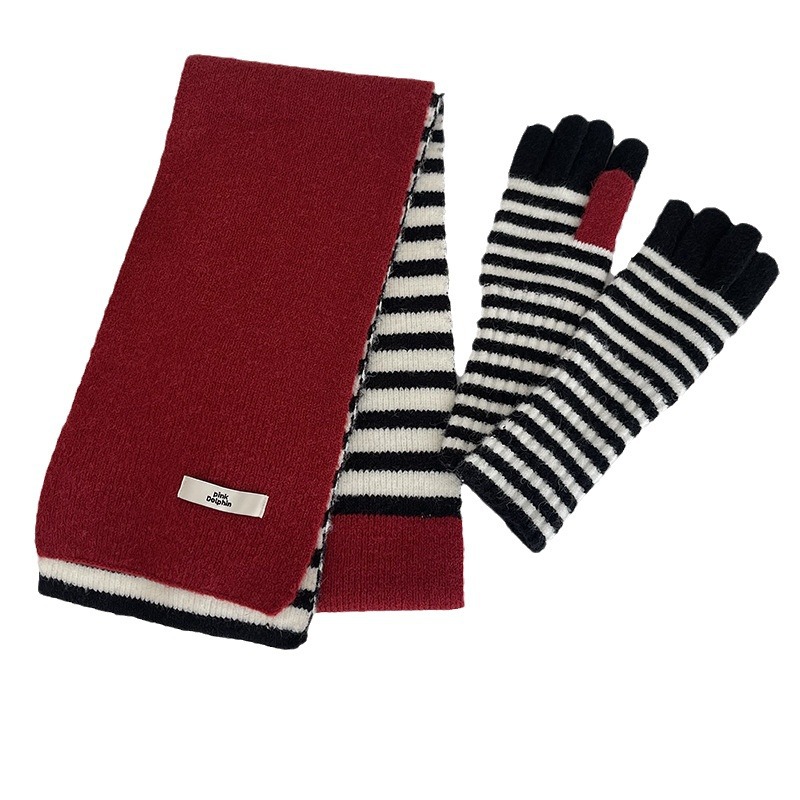 New Contrast Color Striped Wool Ski Gloves Scarf suit Women's Autumn and Winter Thickened Warm Cold-proof Knitted Couple