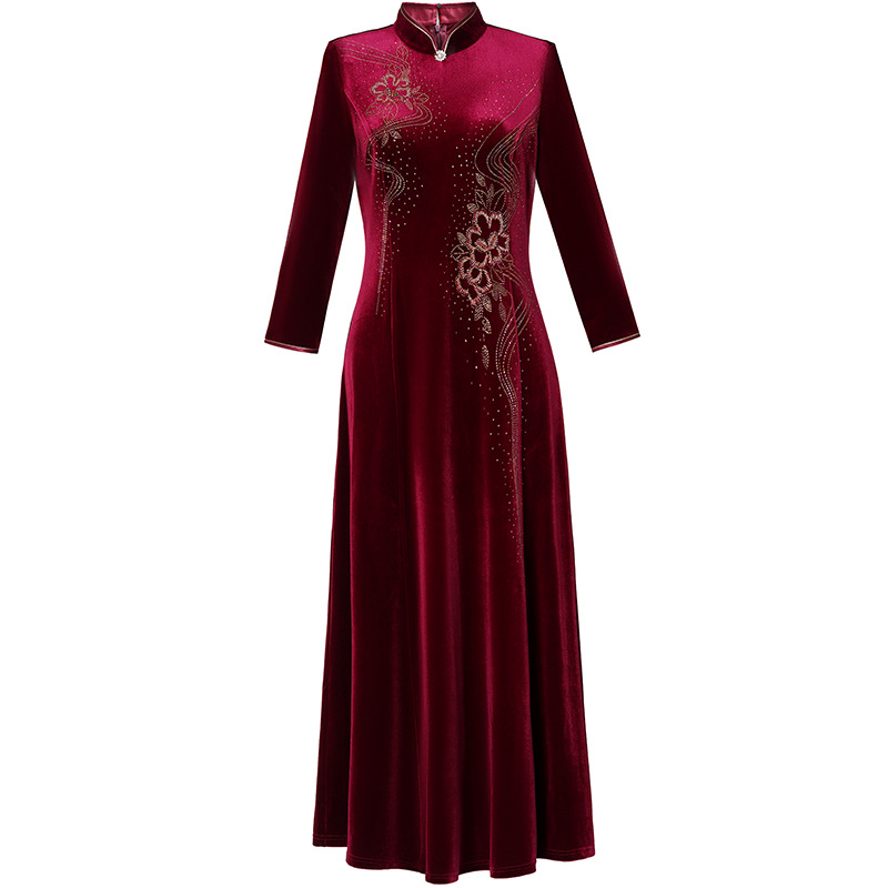 Red Mother's Wedding Dress Evening Dress Women's High-end High-end Velvet Hi-mother-in-law Wedding Toast Dress Noble and Atmospheric