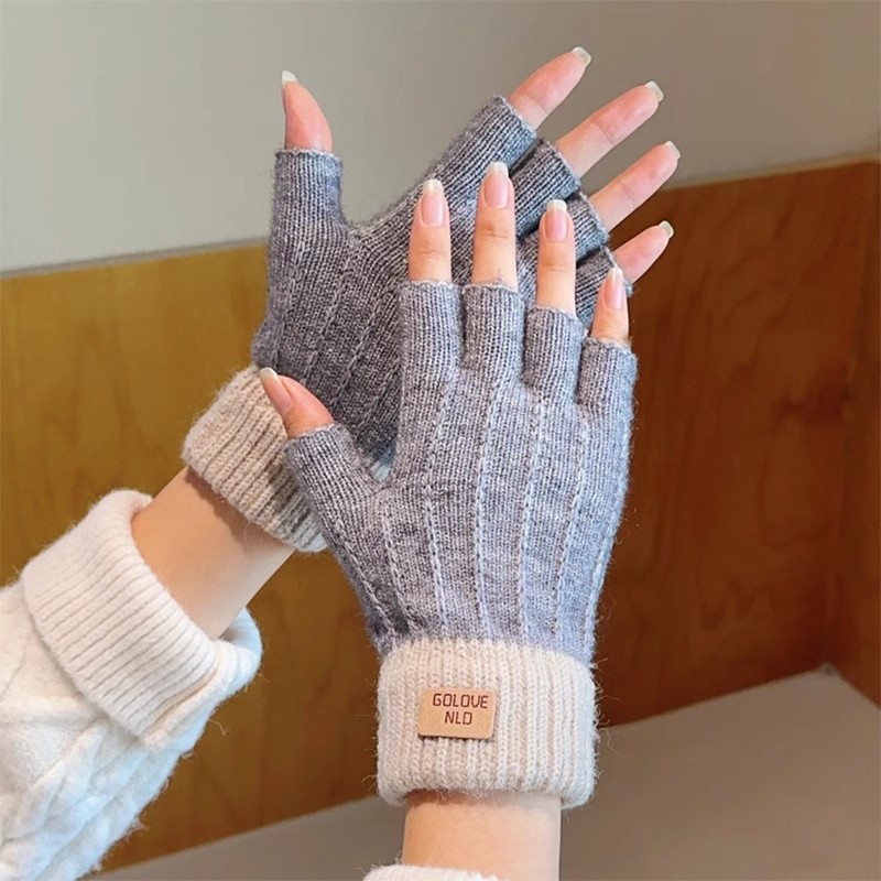 Winter Student Half-Finger Gloves Wool Knitted fleece-lined Touch Screen Writing Non-Slip Open-Finger Warm Gloves for Cycling