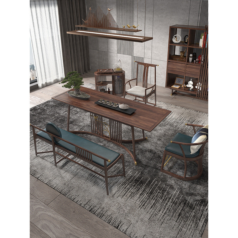 New Chinese Style Light Luxury Tea Table and Chair Combination Office Black Walnut Solid Wood Zen Tea Table Tea Table Kung Fu Tea Table