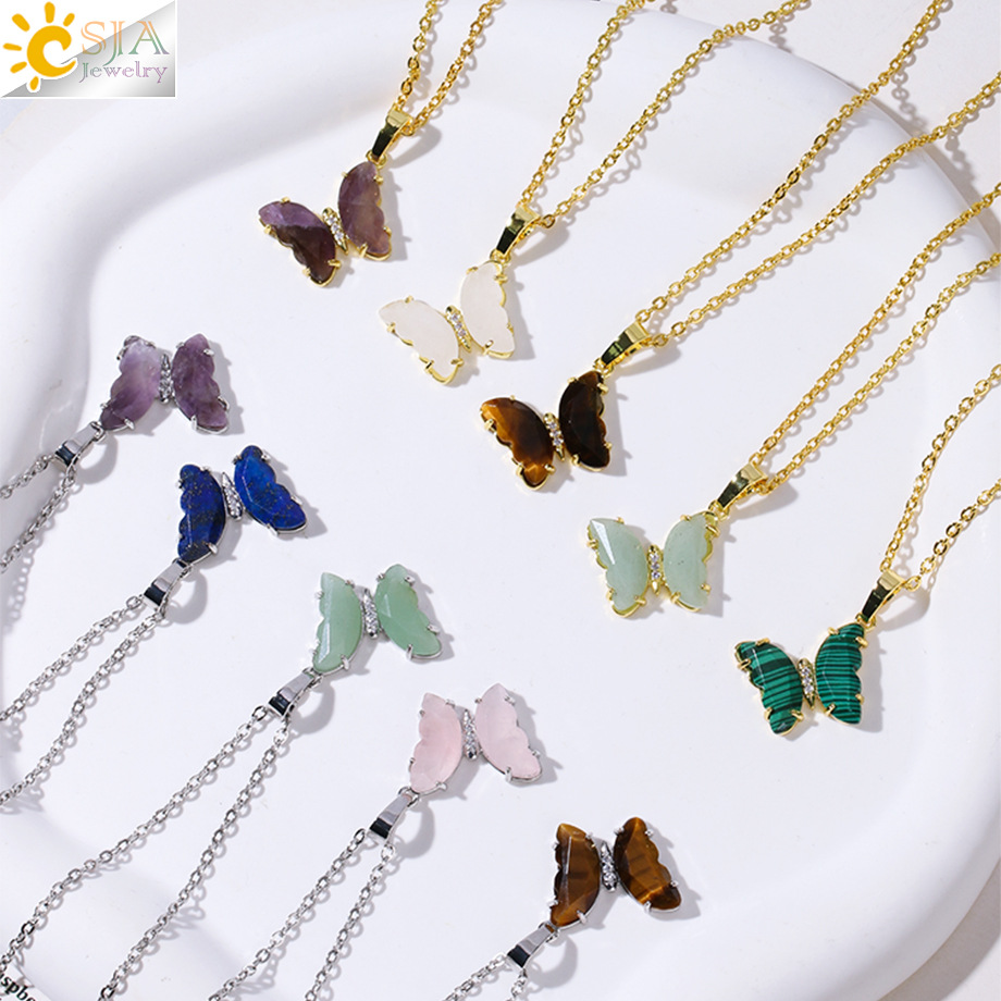 CSJA semi-precious stone crystal necklace butterfly pendant natural stone pendant stainless steel chain ladies H158