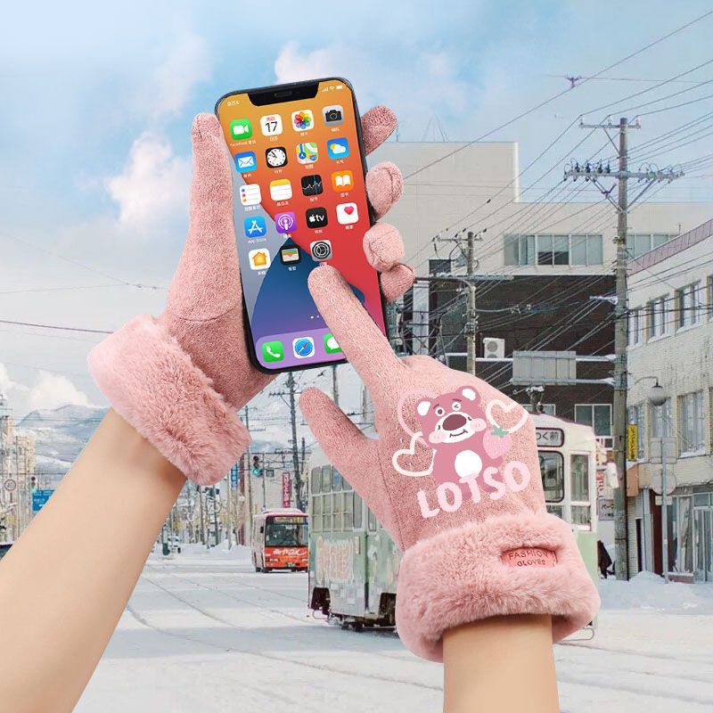Strawberry Bear Gloves Cute Cartoon Girls Pink Black Winter fleece-lined Touch Screen Warm Five Finger Students