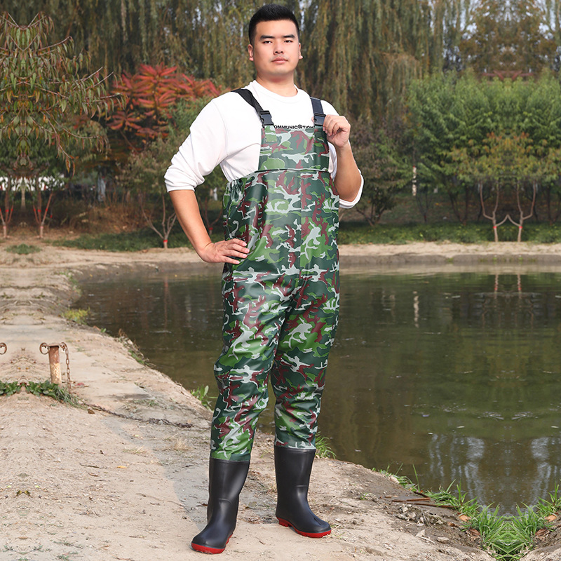 Thickened One-Piece Wading Pants for Aquaculture and Fishing, with Suspenders, Rain Boots, Fishing Pants, Durable and Wear-Resistant Half-Body Men's Wading Pants for Beachcombing