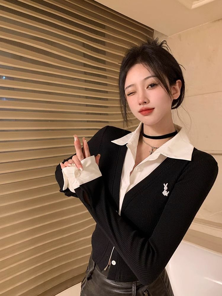 polo collar embroidered long-sleeved cardigan women's spring and autumn design shirt stitching slim short fake two-piece top