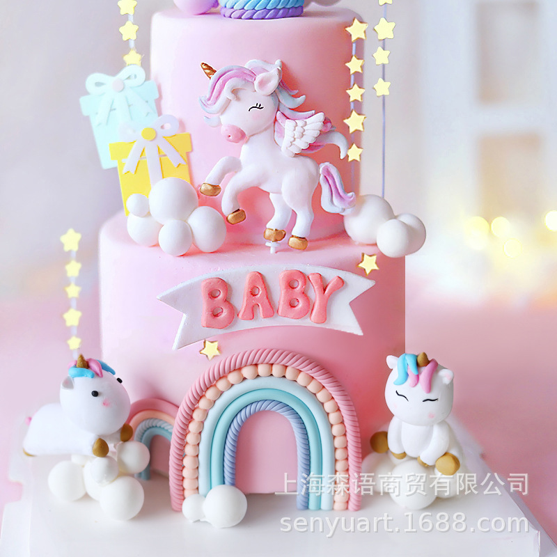 Baking Cake Decoration Girly Heart Rainbow Fantasy Unicorn Clouds Hot Air Balloon Kids Birthday Plug-in