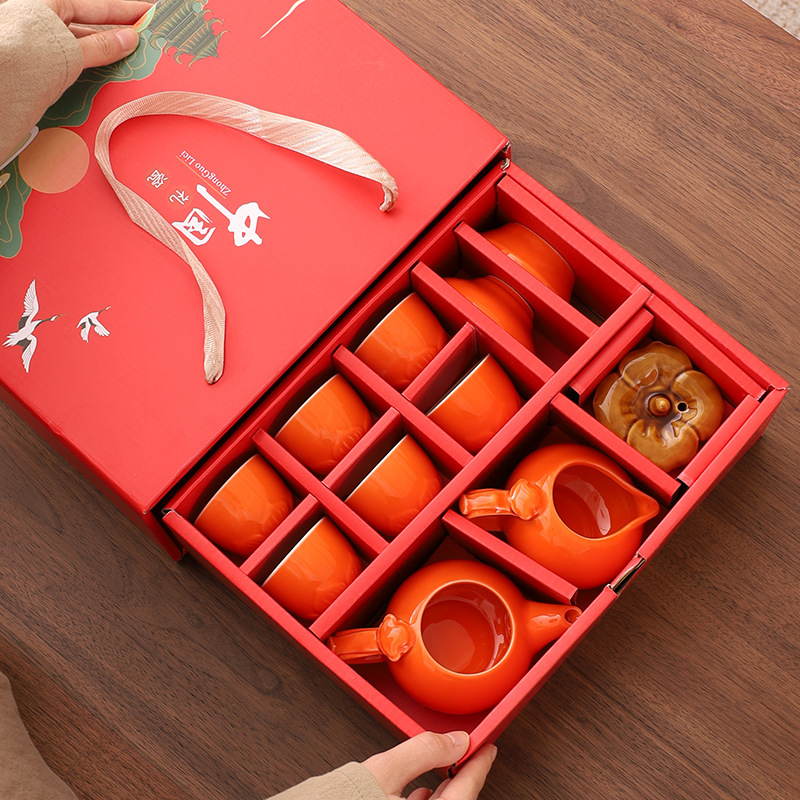 Chinese-Style Casual Gift Box, Shishi Ruyi Kung Fu Tea Set, Teapot, Bowl, Household Ceramic Gift Box, Customized