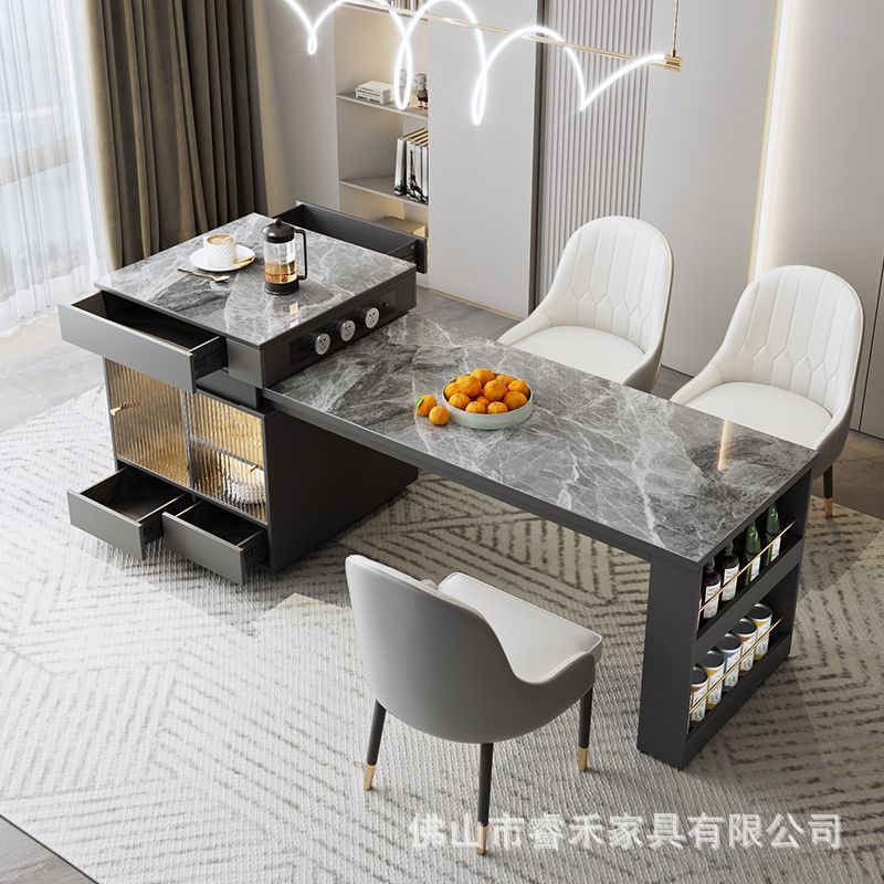 Light Luxury Rock Board Island Table Dining Table Integrated Retractable Solid Wood Multifunctional Small Apartment Kitchen Bar Table Dining Table Dining Table