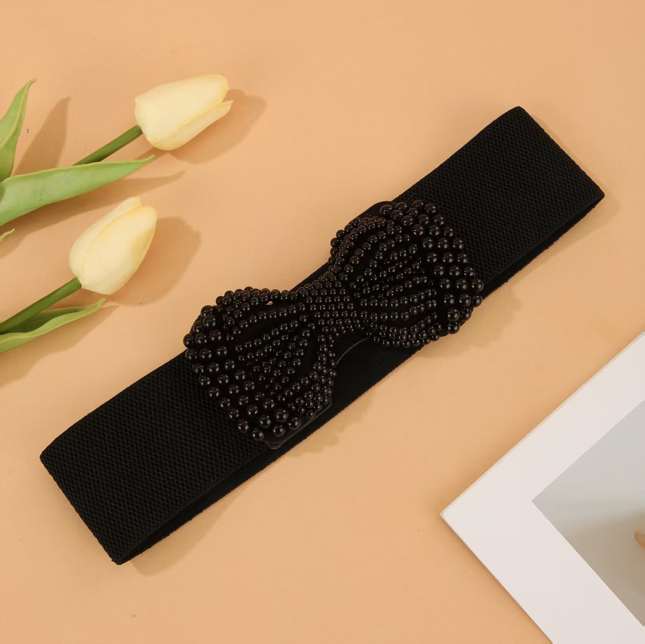 Women's elastic belt fashion waist Joker women's wide pearl bow accessories belt a generation of hair belt