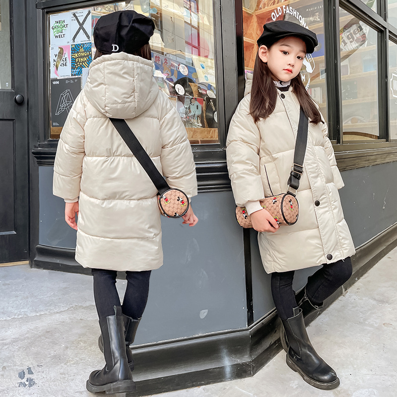 Cross-Border Cotton Clothing Pure Color Small and Medium-Sized Children's Boys and Girls Hooded Mid-Length Cotton Jacket Autumn and Winter Children's Classic Mid-Length Jacket