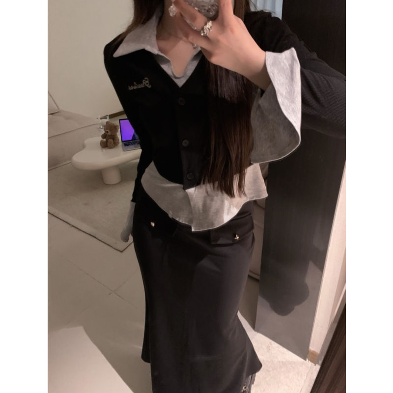 Korean Style Gentle Style Contrasting Color Long-Sleeved Top Suit for Women Autum New College Slimming Fishtail Skirt Two-Piece Set