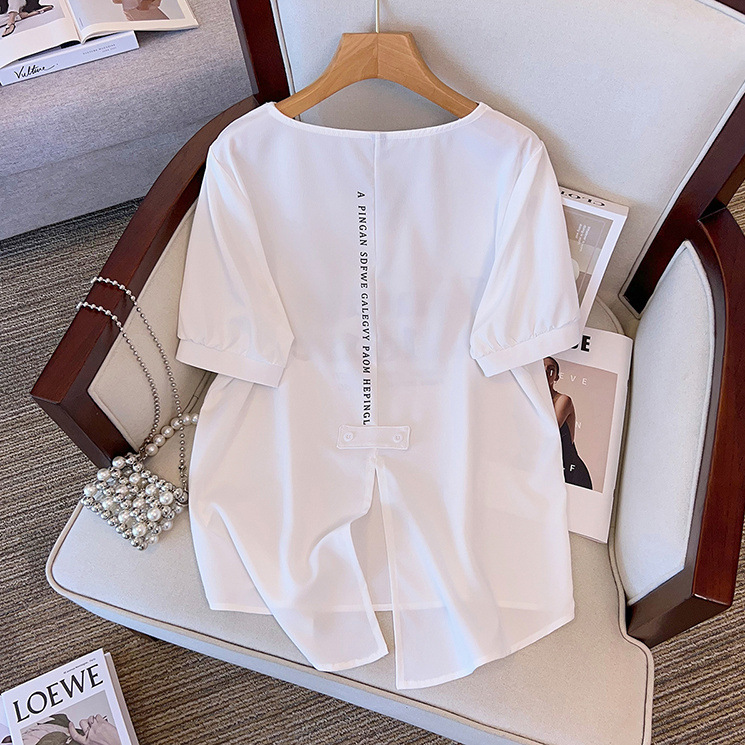 Plus Size Women's Back-Slit Short-Sleeve T-Shirt, Summer 2025 New Korean Style, Loose Fit, Slimming, Figure-Flattering V-Neck Top for Women