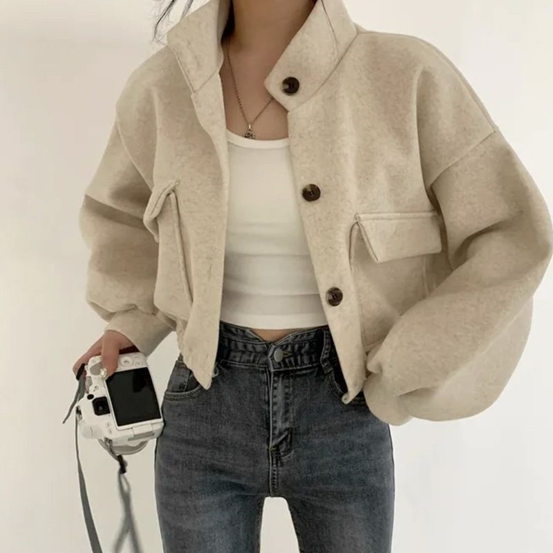 Internet celebrity cool handsome Korean style autumn and winter New stand collar niche short lazy style loose casual woolen woolen coat for women