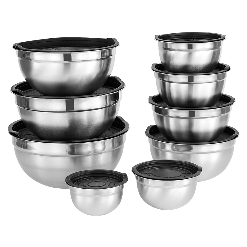 Stainless Steel Egg Basin Thickened with Lid Non-slip Color Silicone Bottom Baking Salah Basin Bowl Cooking Basin and Basin