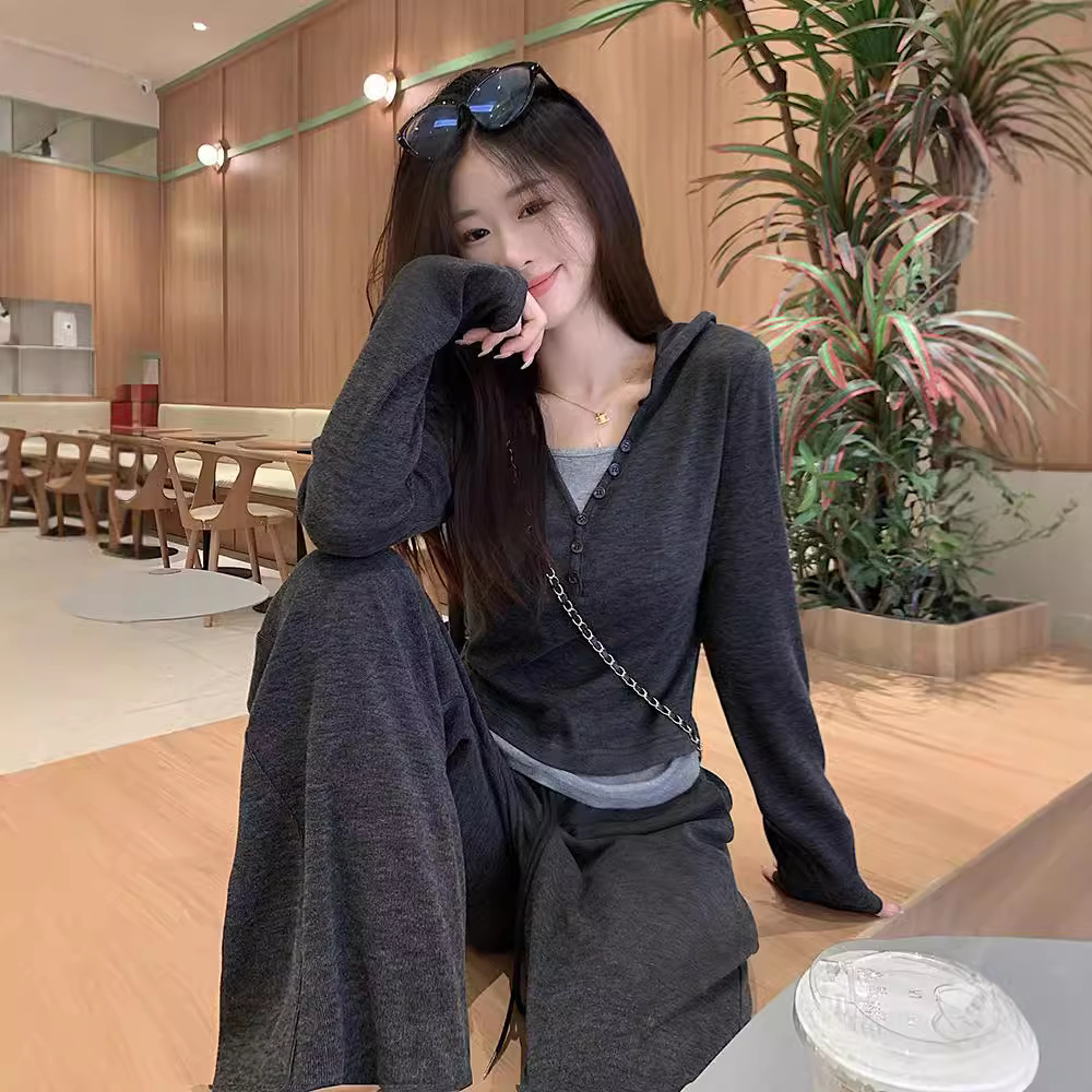 Glutinous Rice suit Two-piece Casual Sports suit Fake Two-piece Long-sleeved Top Women's Autumn High Waist Pants Wide-leg Pants