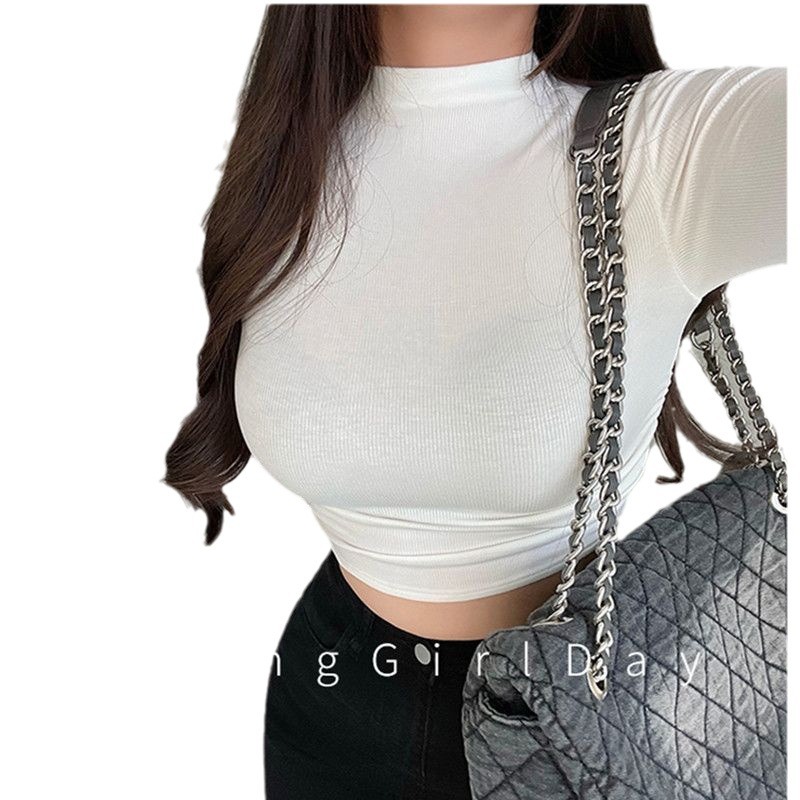 Spicy Girl retro tight waist slimming bottoming shirt early spring new half turtleneck pleated short long sleeve inner wear