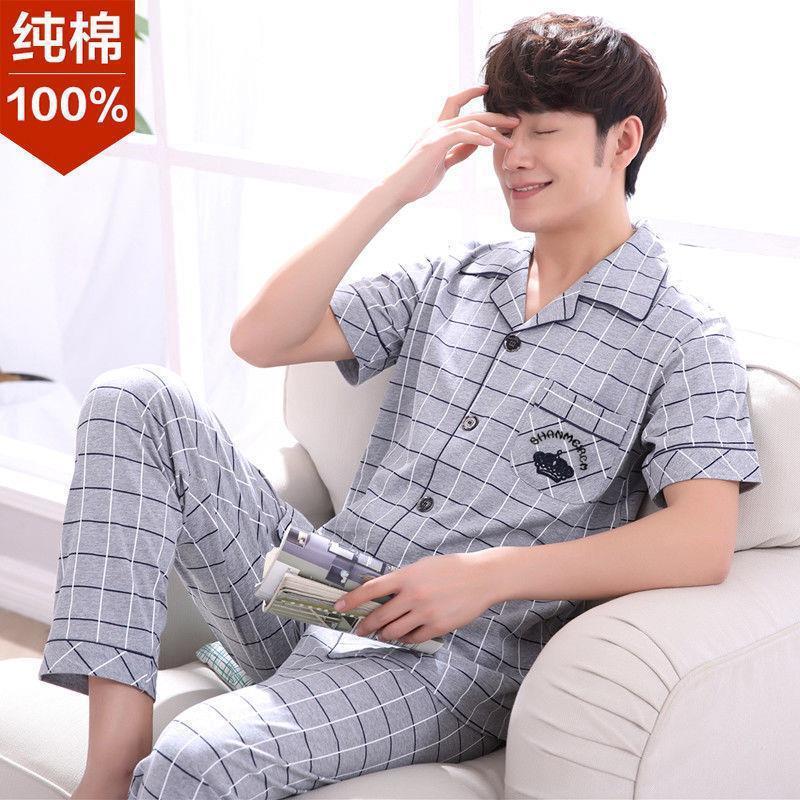 【Pure Cotton】Men's Pajamas Short Sleeve Long Pants Thin Style Spring and Autumn Plus Size 100kg Homewear Set Summer Breathable
