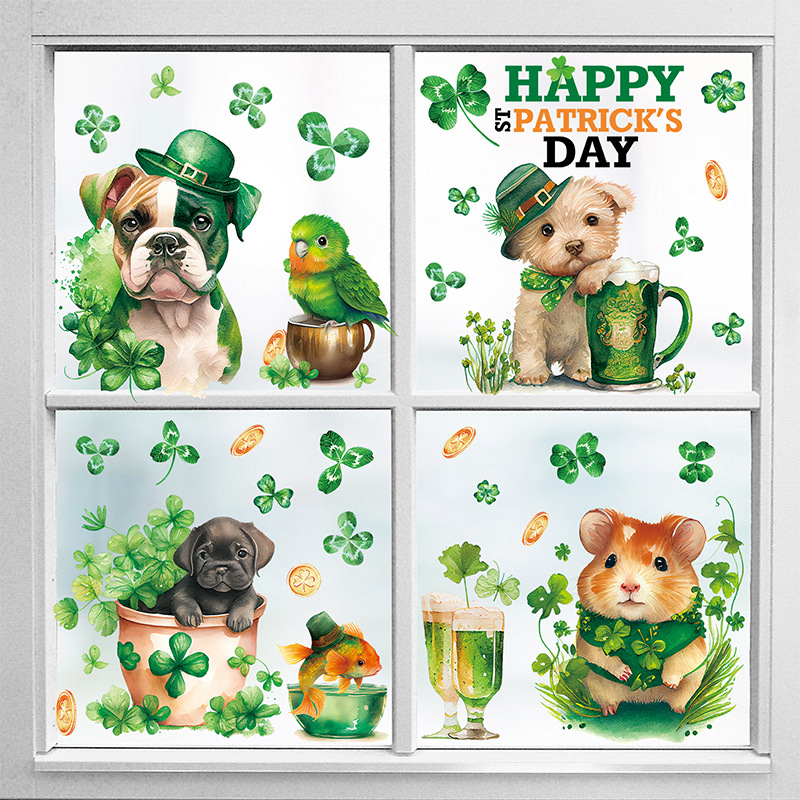 Irish St. Patrick's Day Shopping Mall Shop Window Decoration Electrostatic Window Stickers Four-Leaf Clover Wall Stickers Customization