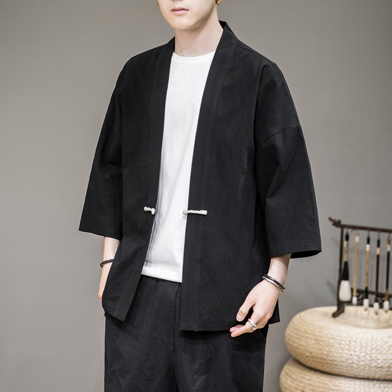 New Chinese-Style Tang Suit Improved Hanfu Robe Men's Ethnic Style Button-Up Cardigan Shirt Cotton Linen Button-Up Jacket
