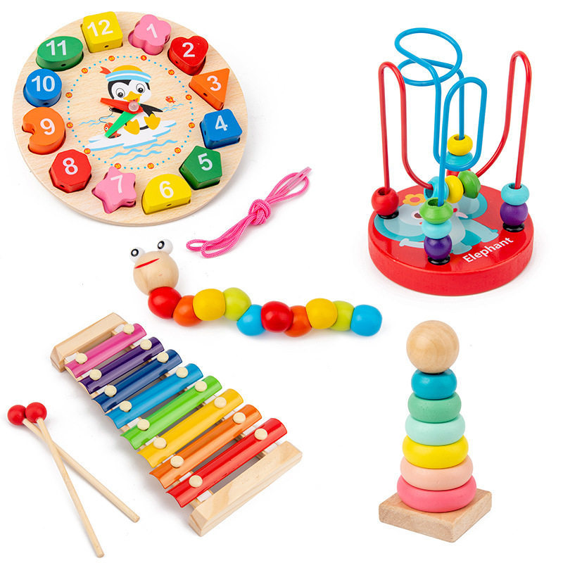Children's Benefit Intelligence Toys Artificial Wooden Twisted Caterpillar Clock Piano Beads Rainbow Tower Gift suit Scattered