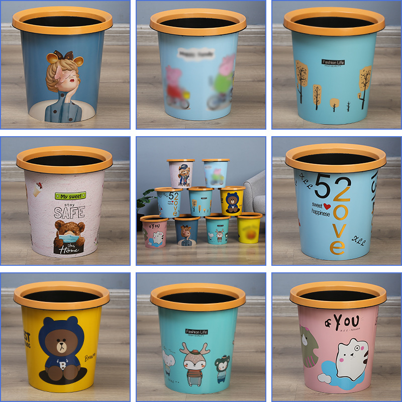 Factory wholesale kitchen trash can household cartoon pressure ring uncovered plastic bucket living room bathroom five yuan shop paper basket