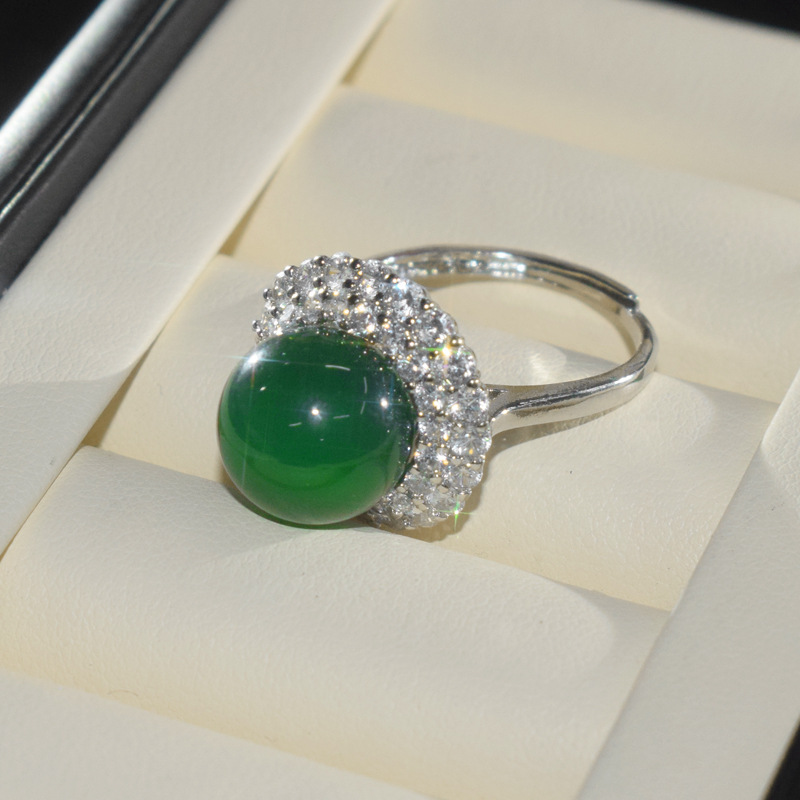 Flash zircon adjustable 7A high quality green chalcedony ring is round strong light ring live factory direct batch