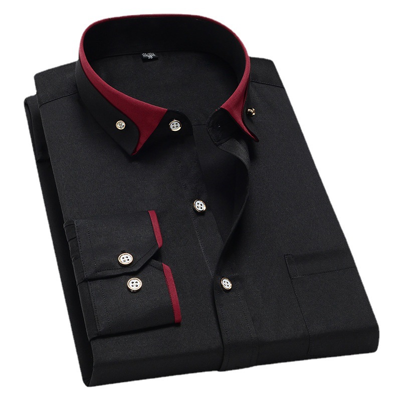 Cross-Border New Men's Contrast Collar Stretch Long-Sleeved Shirt Business Casual Comfortable No-Iron Shirt European and American Southeast Asia