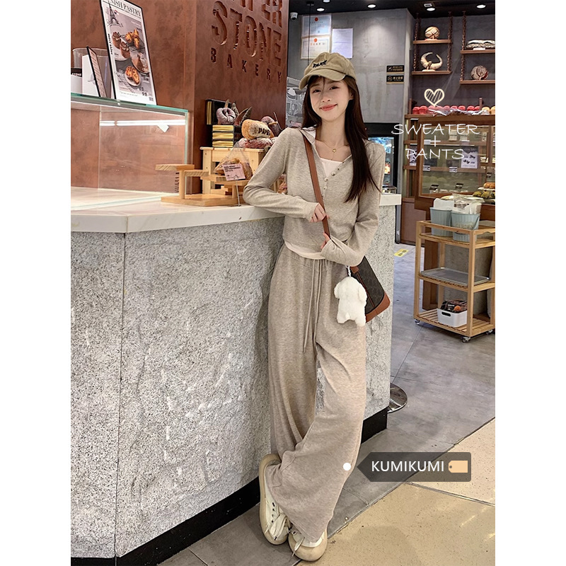 Glutinous Rice suit Two-piece Casual Sports suit Fake Two-piece Long-sleeved Top Women's Autumn High Waist Pants Wide-leg Pants