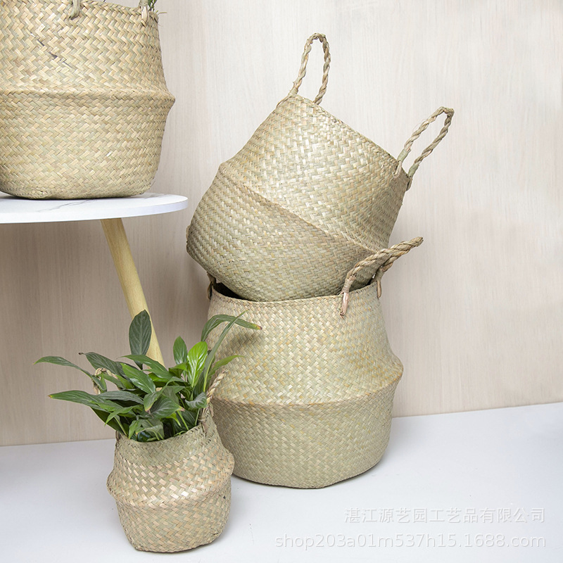 Hand-woven basket with hand gift flower arrangement basket round hand basket makeup storage sundries basket folding big belly basket in stock wholesale