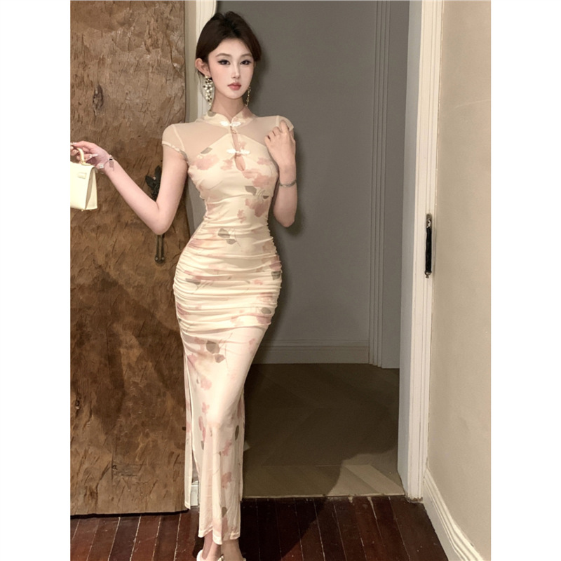 New Chinese Style Vintage National Style Printed Modified Cheongsam Sexy Hollow Mesh Stitching Slimming dress with Tight Waist