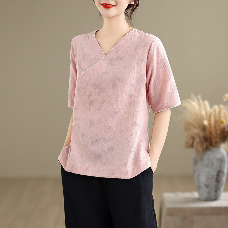Summer New Style Chinese Women's Clothing, Artistic Retro Cotton and Linen Short-Sleeved Collared Tops, Casual Zen Tea Suits