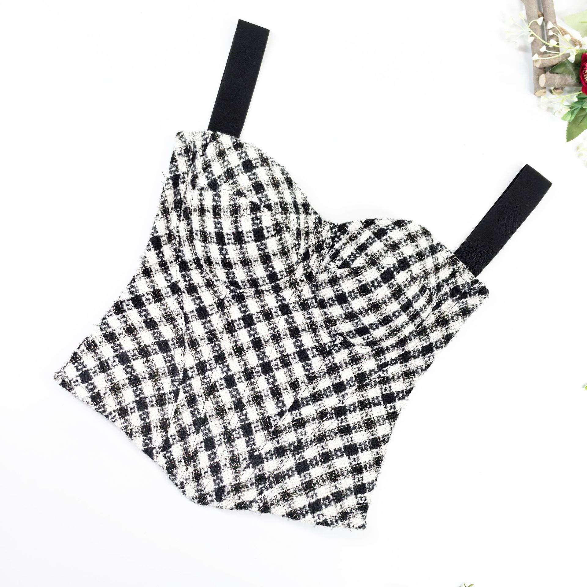 French Design Niche Wide Shoulder Strap Strapless Beautiful Back Zipper Strap Houndstooth Body-Shaping Fishbone Top Outer Wear