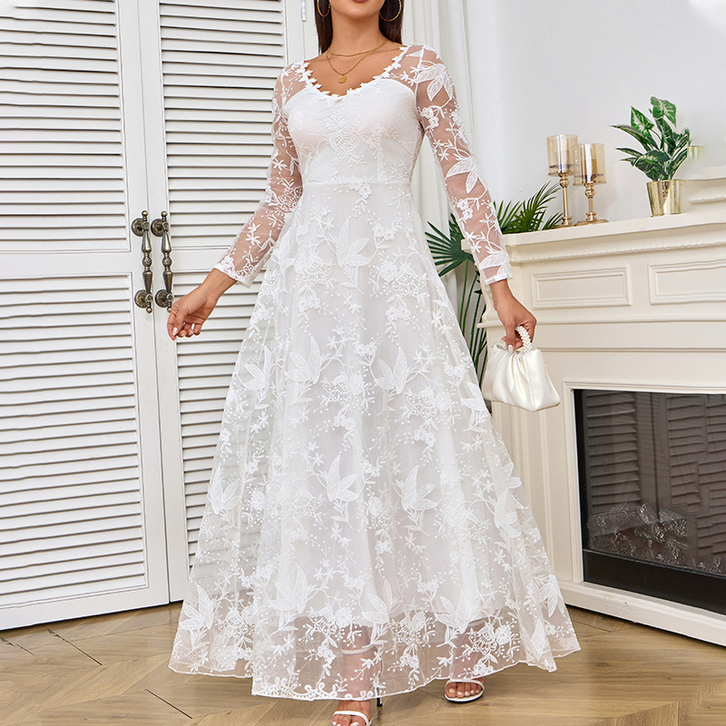 2025 Cross-Border Spring New European and American Clothing Amazon Long-Sleeved One-Shoulder Bridal Wedding Dress Long Skirt