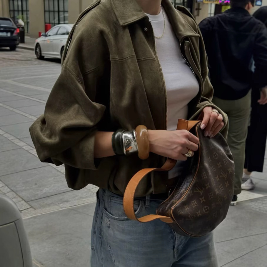 2025 Autumn and Winter New European and American Cross-Border Women's Suede Textured Lapel Bomber Jacket W107 8824