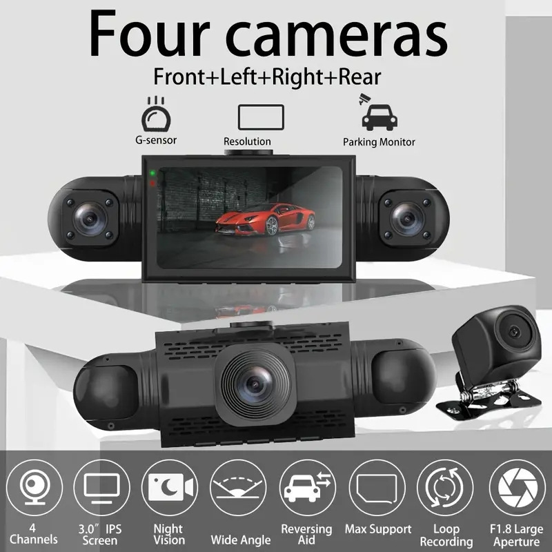 Cross-border driving recorder four-lens 1080P HD infrared night vision four-recording same-display vehicle camera DVR