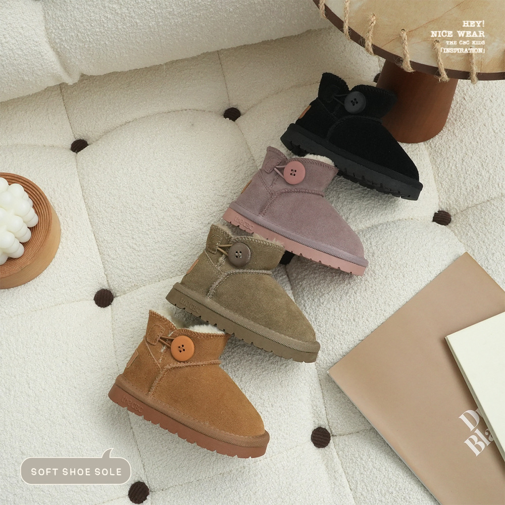 Xshx "Log Button" Kidsren's Genuine Leather Snow Boots for Boys and Girls Winter Thickeneded Winter Slip-Ons [Wenzhou Shoes]