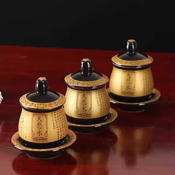 Ceramic Great Compassion Water Supply Cup Gold-painted Holy Water Cup Buddha Front Guanyin Buddha Tools Buddha Hall Supplies Buddha Water Purification Cup Chinese Style