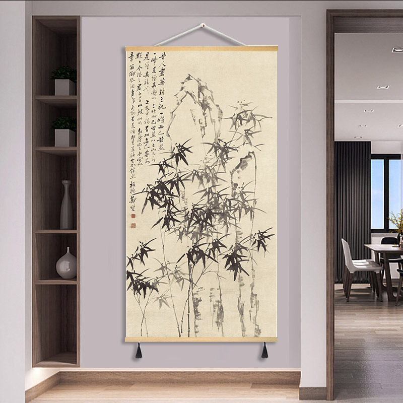 New Chinese Style Chinese Painting Antique Painting Study Living Room Entrance Office Decorative Painting Vertical Version Punch-Free Fabric Hanging Painting
